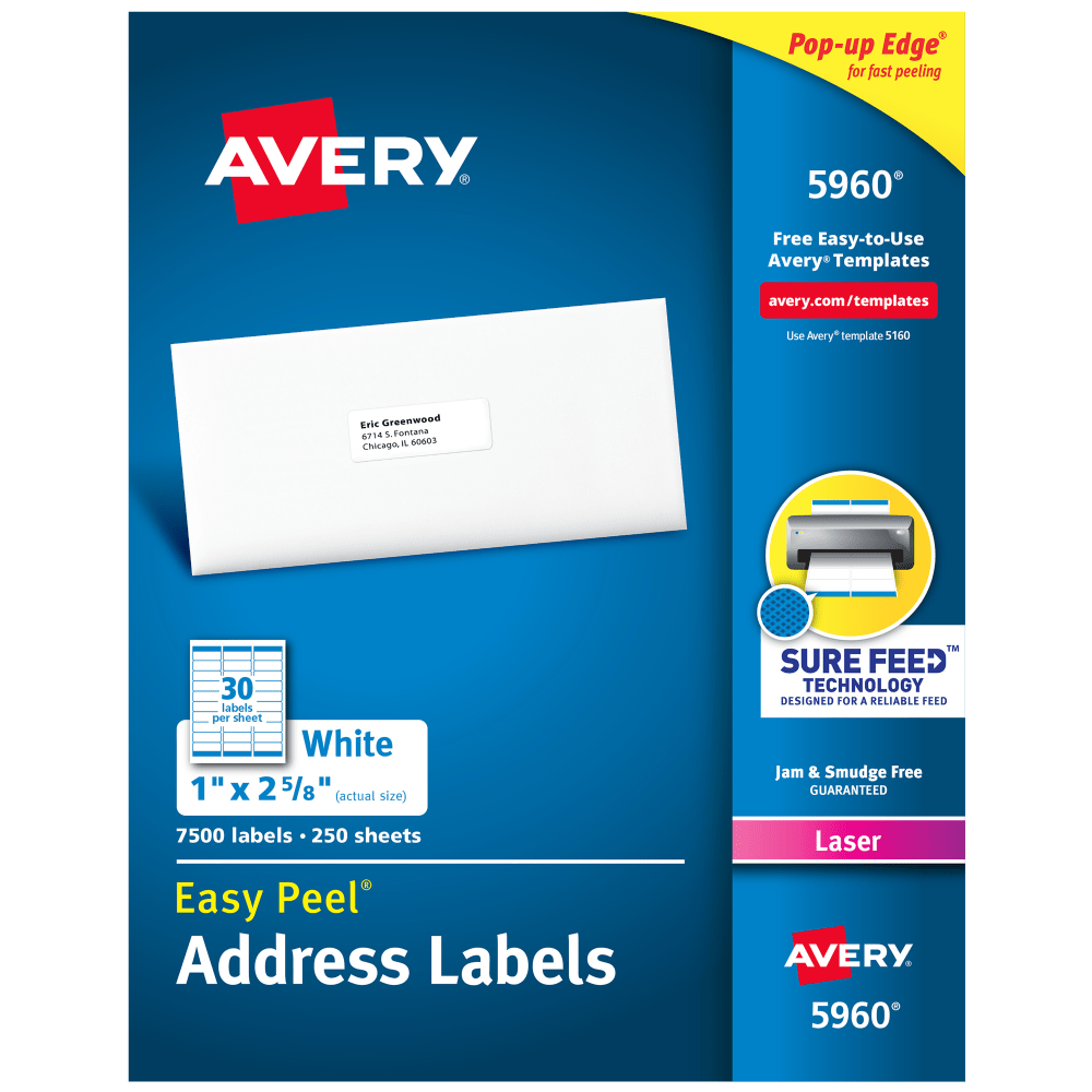 Avery Easy Peel White Laser Address Labels, 5960, 1in x 2 5/8in, Box Of 7,500