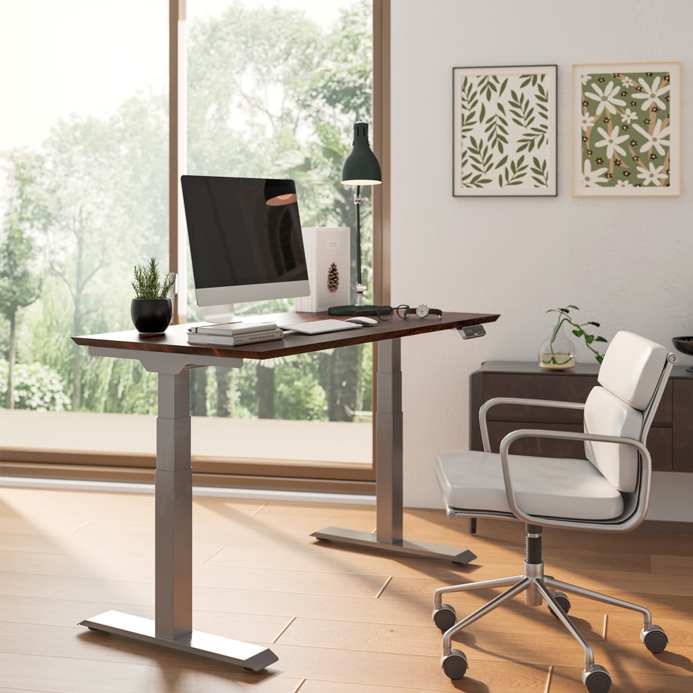 FlexiSpot E7 Electric 55inW Height-Adjustable Standing Desk, Dark Bamboo/Silver