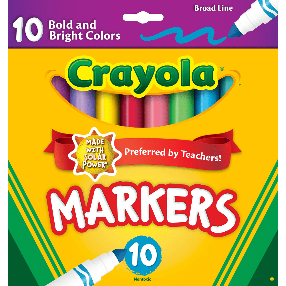 Crayola Bold And Bright Broad Line Markers, Conical Point, White Barrel, Assorted Ink Colors, Box Of 10 Markers