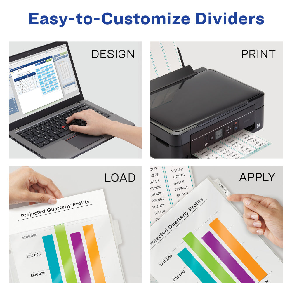 Avery Sheet Protector Dividers For 3 Ring Binders With Easy Print & Apply Index Maker Label Strip, 8-1/2in x 11in,  5 Tab, Clear With Customizable White Tabs, 1 Set