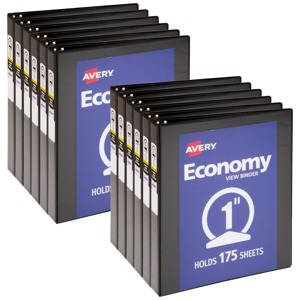 Avery Economy View 3-Ring Binder, 1in Round Rings, Black, Pack Of 12