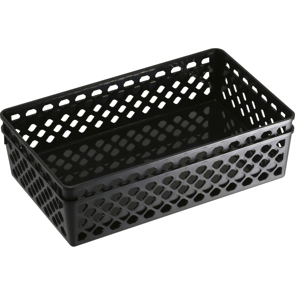 OIC Plastic Supply Baskets, Small Size, 2 3/8in x 10 1/6in x 6 1/8in, 30% Recycled, Black, Pack Of 2