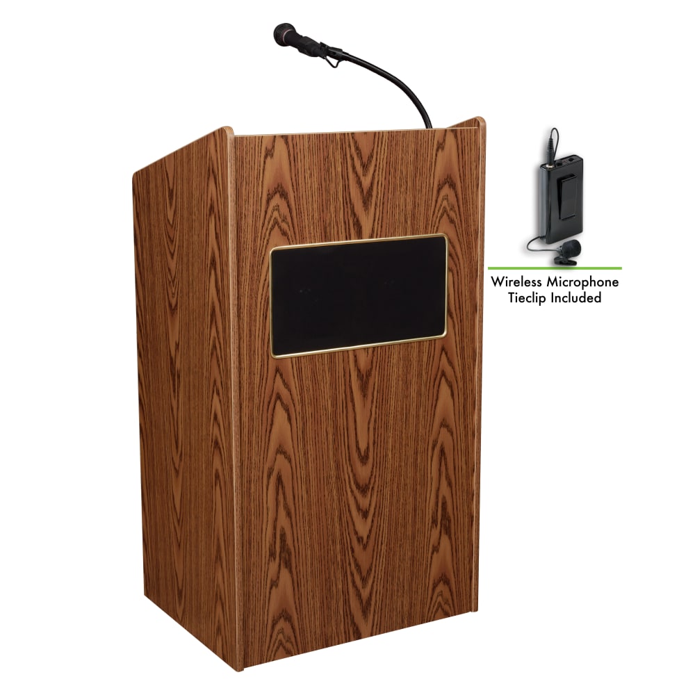 Oklahoma Sound The Aristocrat Sound Lectern With Sound & Wireless Tie Clip/Lavalier Microphone, Medium Oak