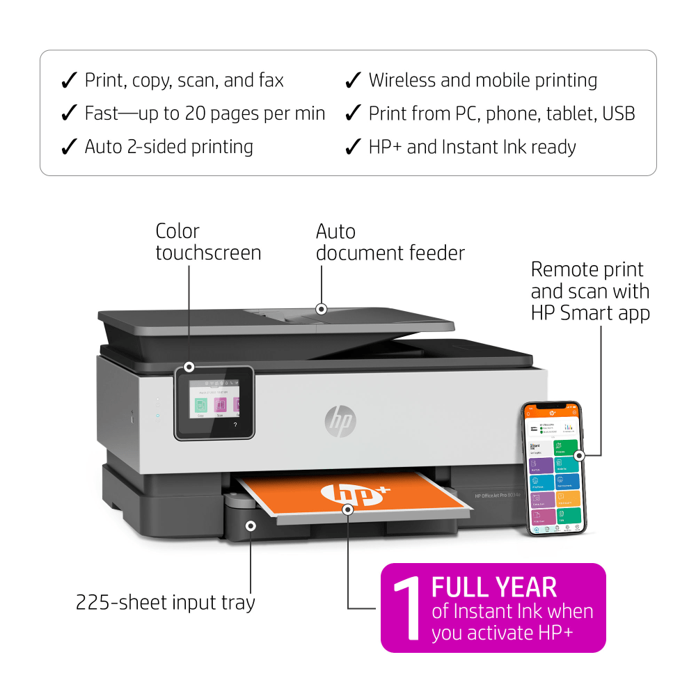 HP OfficeJet Pro 8034e Wireless All-in-One Color Printer with 1 Full Year Instant Ink with HP+ (1L0J0A)