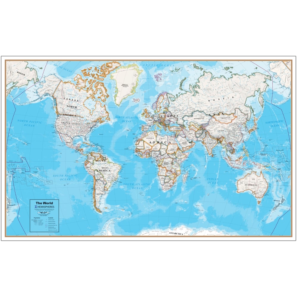 Hemispheres Contemporary Laminated Wall Map, World, 38in x 61in