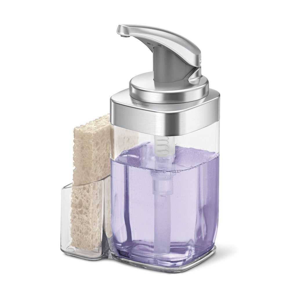 simplehuman Square Push Soap Pump With Sponge Caddy, 8-3/4inH x 5-1/8inW x 4-5/16inD, Brushed Nickel