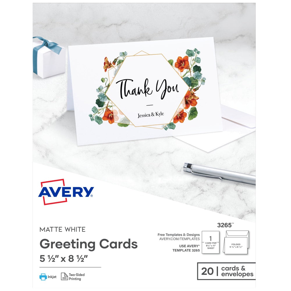 Avery Printable Greeting Cards, Half-Fold, 5.5in x 8.5in, Matte White, 20 Blank Cards With Envelopes