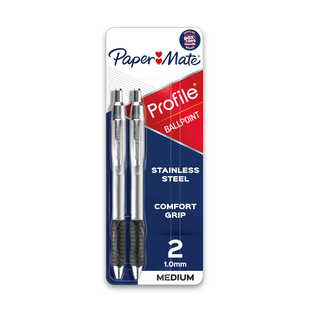 Paper Mate Profile Metal Barrel Ballpoint Pens, Medium Point, 1.0 mm, Silver Barrel, Black Ink, Pack Of 2 Pens