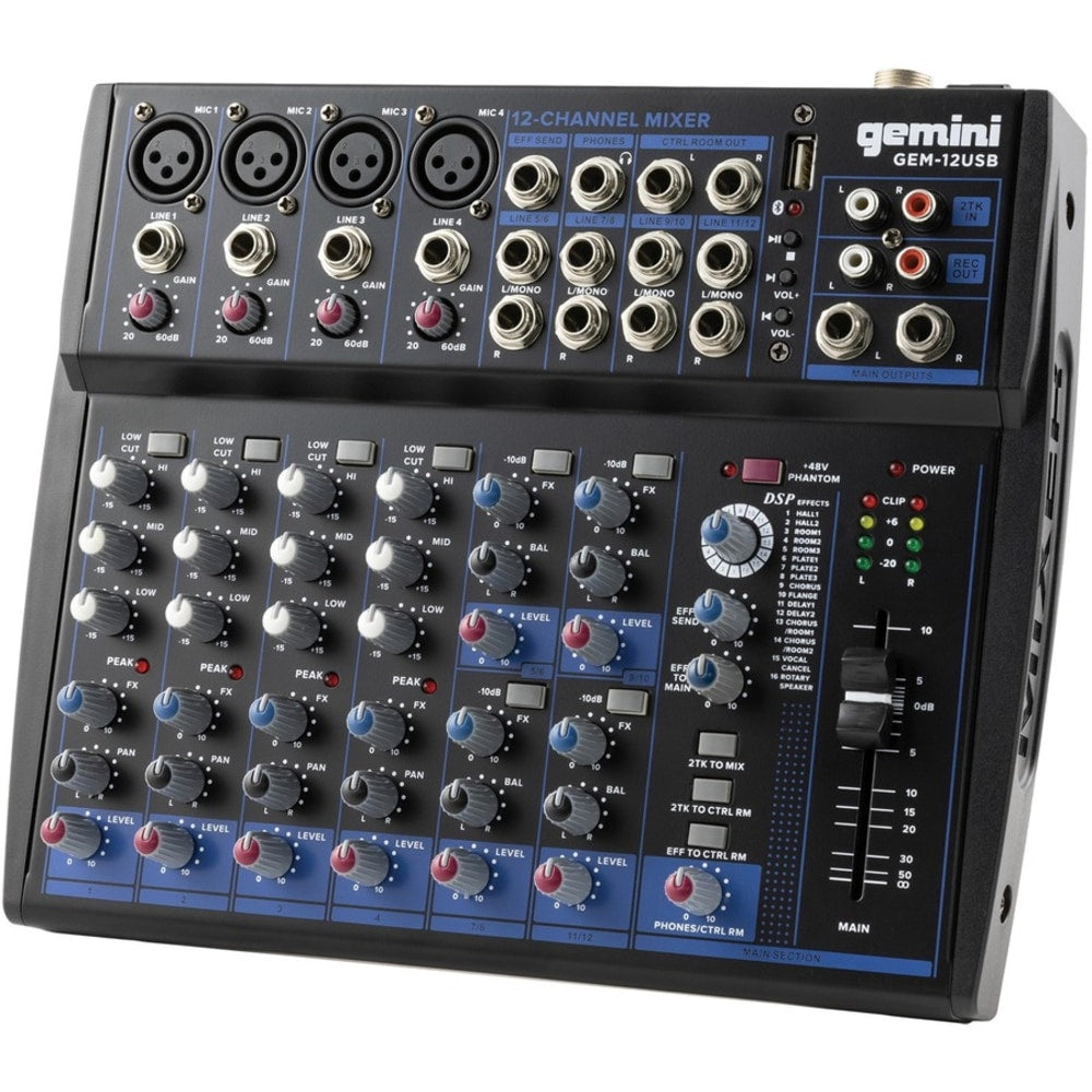 Gemini Sound GEM-12USB: Compact 12 Channel Bluetooth Mixer - 12 Channel(s) - 3 Effects(s) - USB - Bluetooth - Black