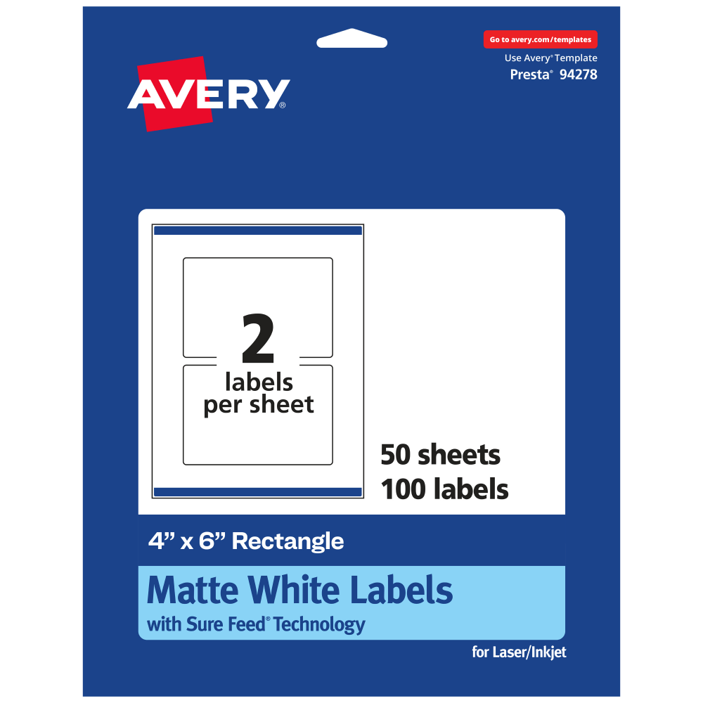 Avery Permanent Labels With Sure Feed, 94278-WMP50, Rectangle, 4in x 6in, White, Pack Of 100