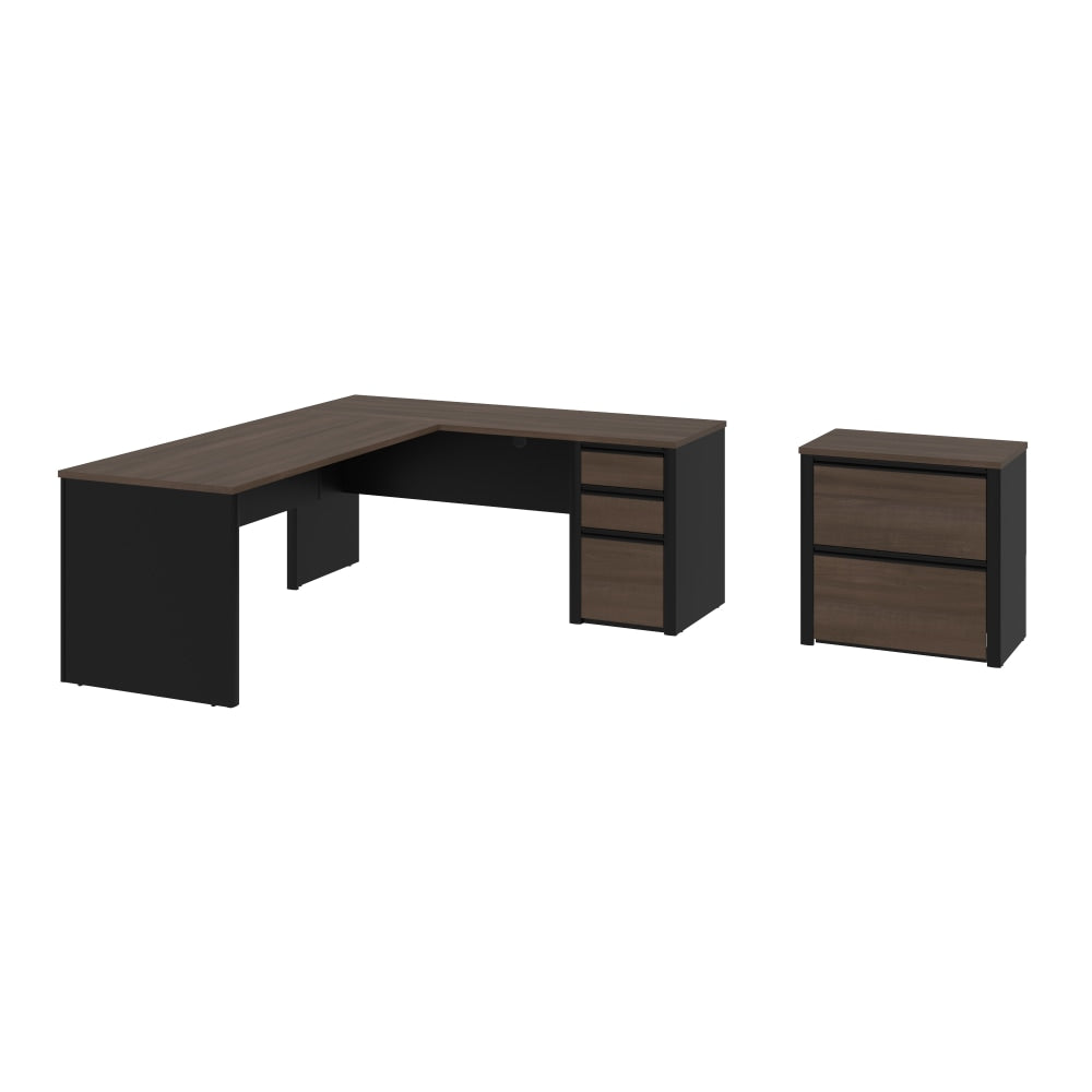 Bestar Connexion 72inW L-Shaped Corner Desk With Lateral File Cabinet, Antigua/Black