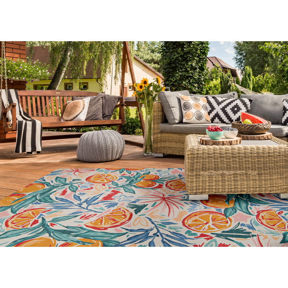 Linon Washable Outdoor Area Rug, Faxon, 7ft x 9ft, Ivory/Orange