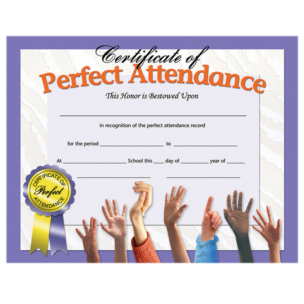 Hayes Certificates, 8-1/2in x 11in, Perfect Attendance, Hands, 30 Certificates Per Pack, Set Of 3 Packs