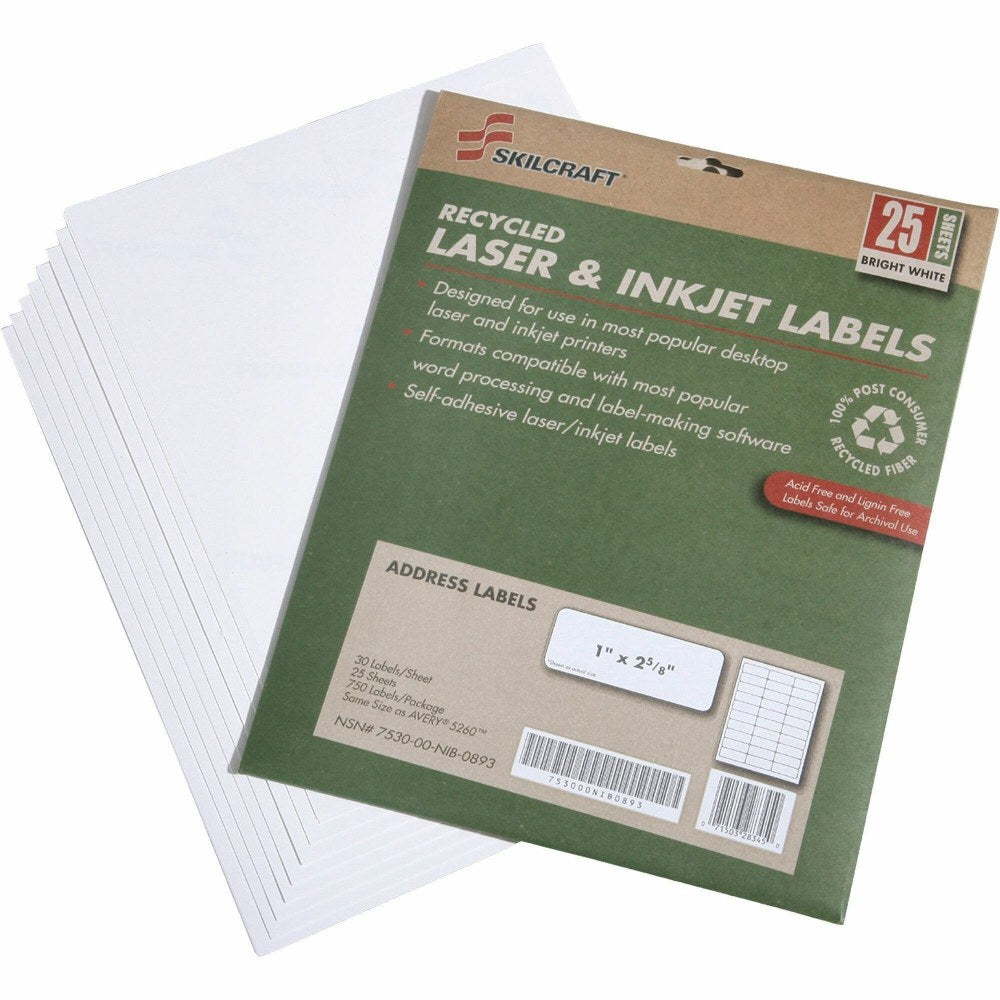 SKILCRAFT 100% Recycled Inkjet/Laser Address Labels, Rectangle, 1in x 2 5/8in, White, Box Of 25 Sheets (AbilityOne 7530-01-578-9292)