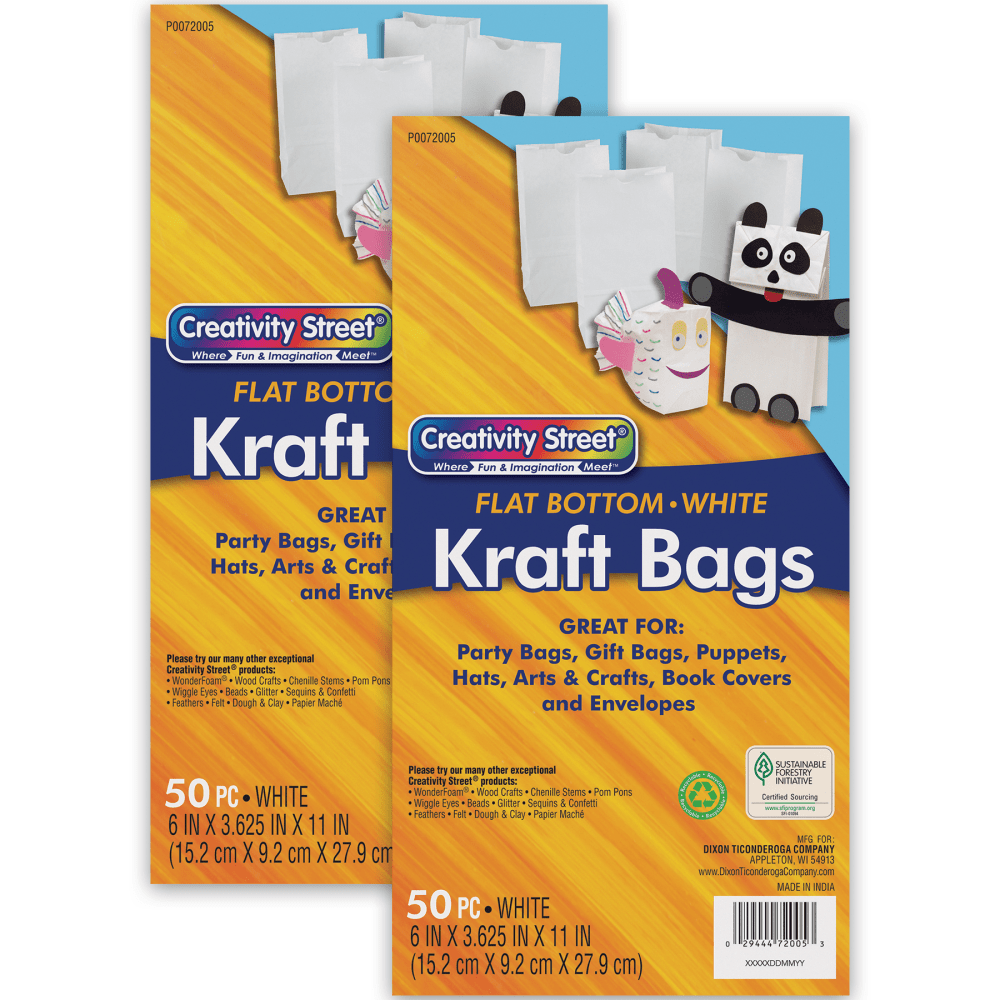 Creativity Street Kraft Bags, 6in x 3-5/8in x 11in, White, 50 Bags Per Pack, Set Of 2 Packs