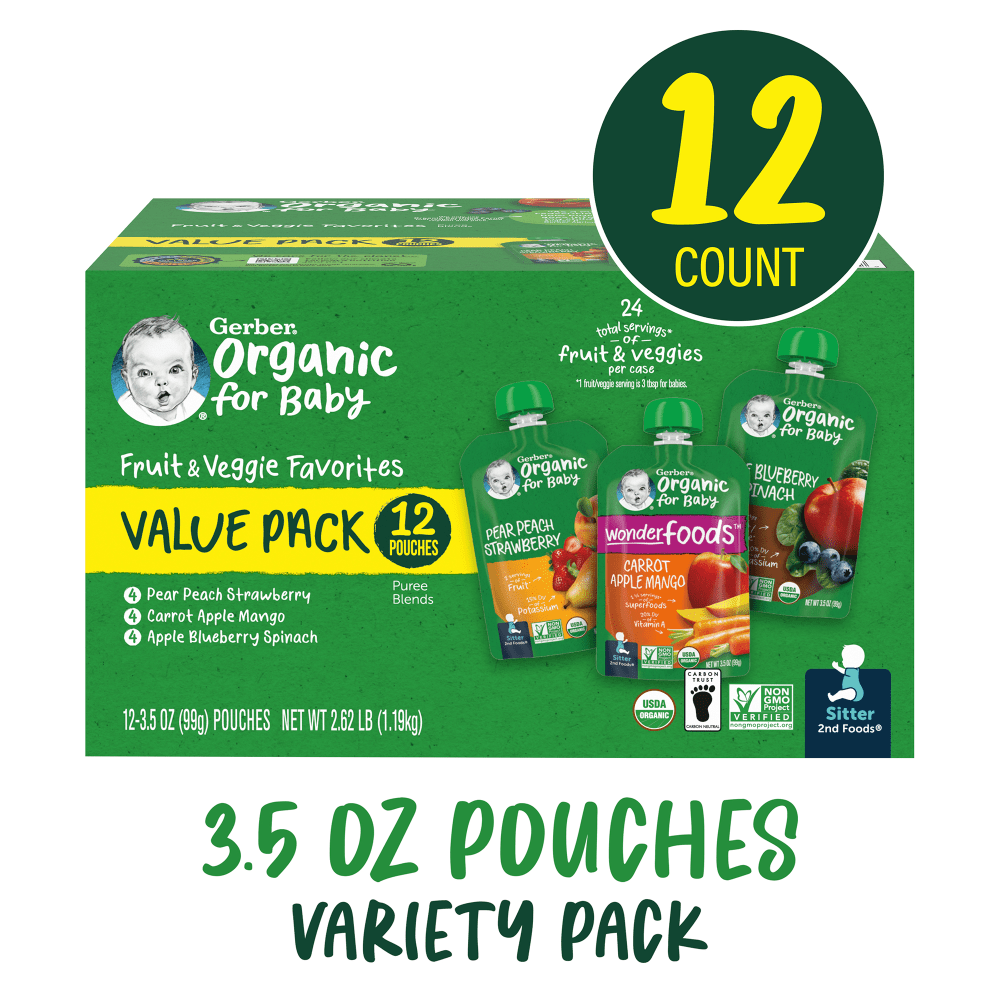 Gerber Organic 2nd Foods Baby Food Pouches, 3.5 Oz, Pack Of 12 Pouches