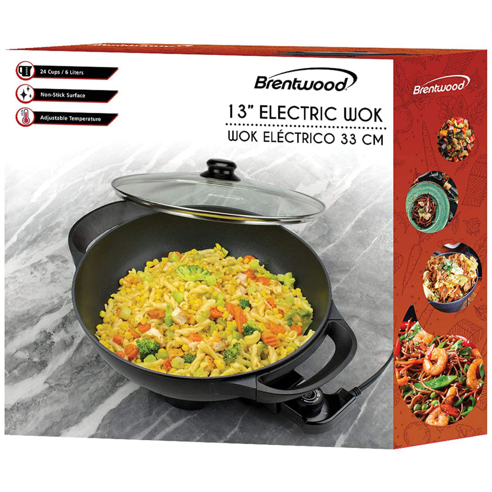 Brentwood Non-Stick Flat Bottom Electric Wok Skillet, 7-1/2inH x 13inW x 17-1/2inD, Black