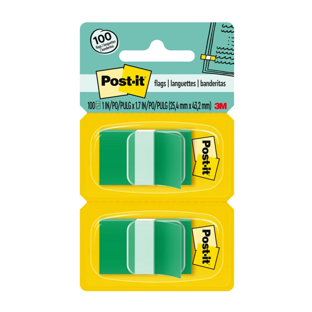 Post-it Flags, 1in x 1 -11/16in, Green, 50 Flags Per Pad, Pack Of 2 Pads