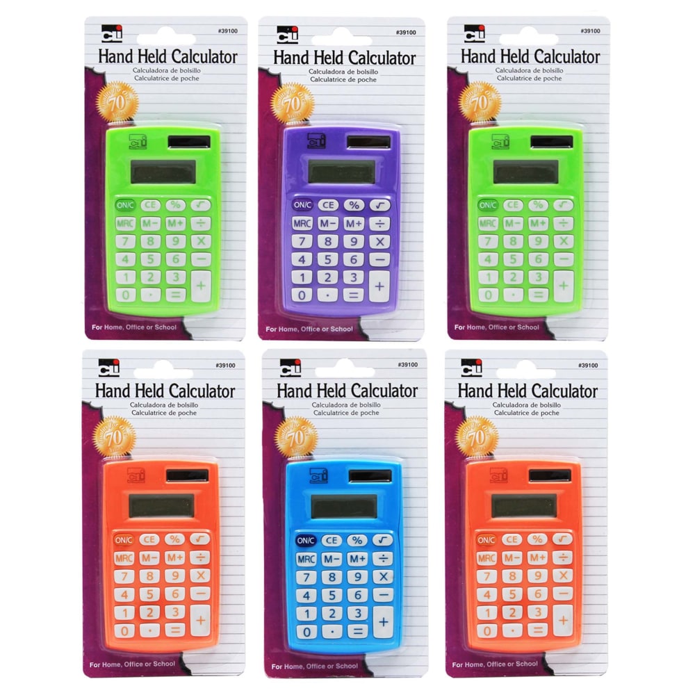 Charles Leonard Primary Dual-Powered 8-Digit Calculators, 3-3/4inH x 2-1/4inW x 19/50inD, Assorted Colors, Pack Of 6 Calculators