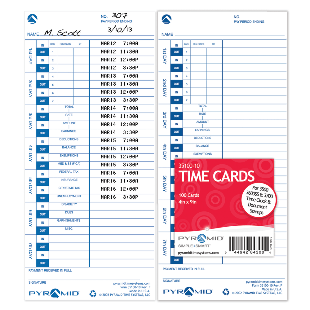 Pyramid Time Systems, 35100-10, Genuine and Authentic pack of 100 Time Cards, Use with Pyramid Side Loading Time Clocks, Models 3500, 3600SS and 3700