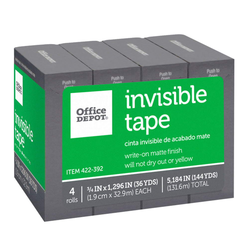 Office Depot Brand Invisible Tape, 3/4in x 1296in, Clear, Pack of 4 rolls