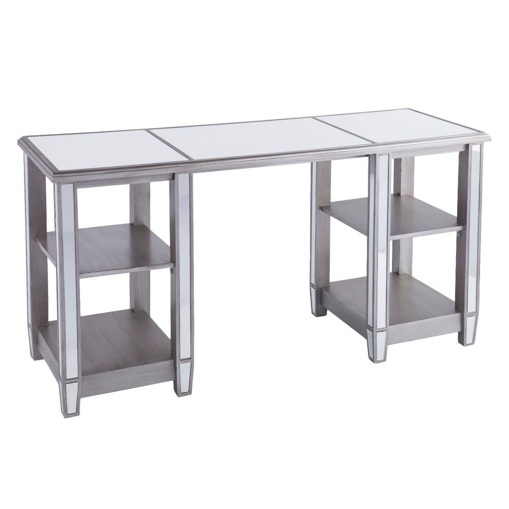 SEI Furniture Wedlyn Mirrored 4-Shelf 50inW Writing Desk, Matte Silver