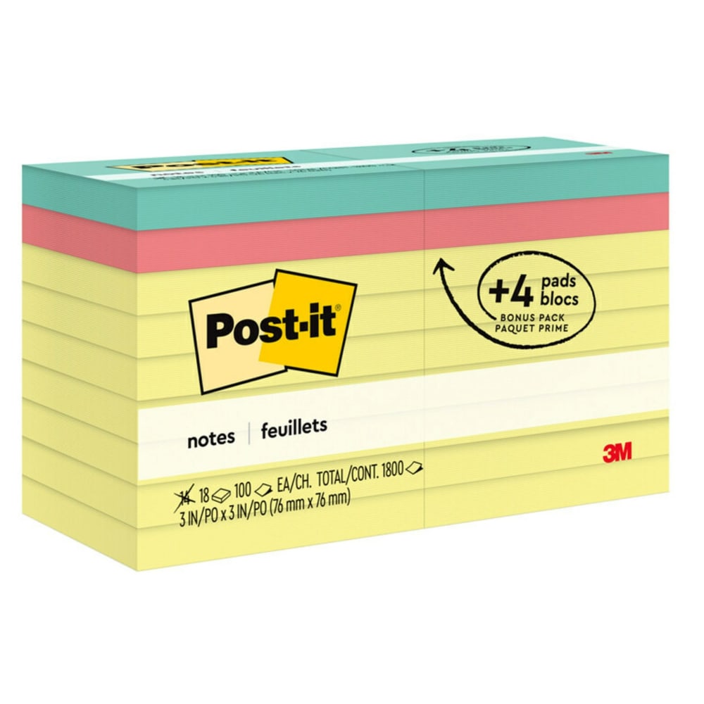 Post-it Notes Value Pack, 3 in x 3 in, 18 Pads, 100 Sheets/Pad, Clean Removal, Canary Yellow