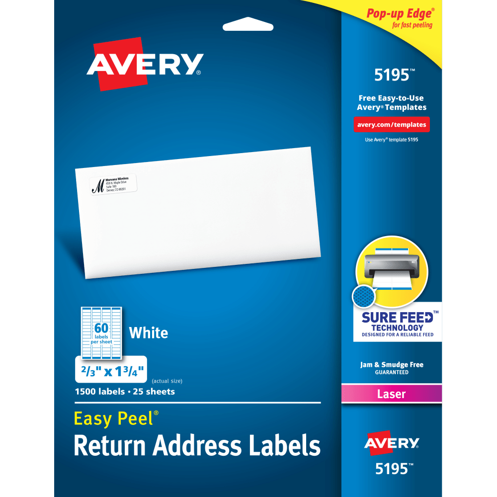 Avery Easy Peel Return Address Labels With Sure Feed Technology, 5195, Rectangle, 2/3in x 1-3/4in, White, Pack Of 1,500