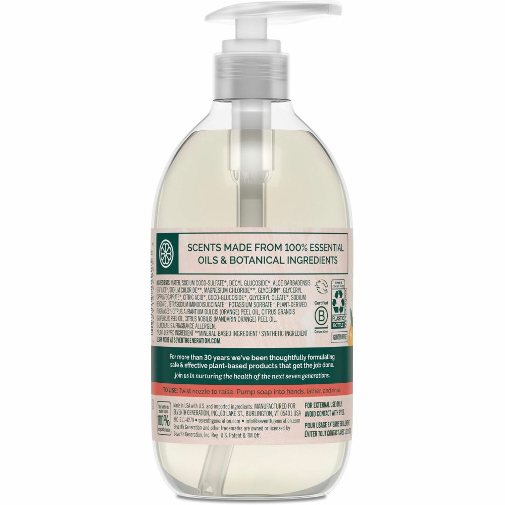 Seventh Generation Hand Wash - Mandarin Orange and Grapefruit ScentFor - 12 fl oz (354.9 mL) - Pump Bottle Dispenser - Hand - Orange - Rich Lather, Triclosan-free, Non-toxic, Dye-free, Bio-based, Phthalate-free - 8 / Carton