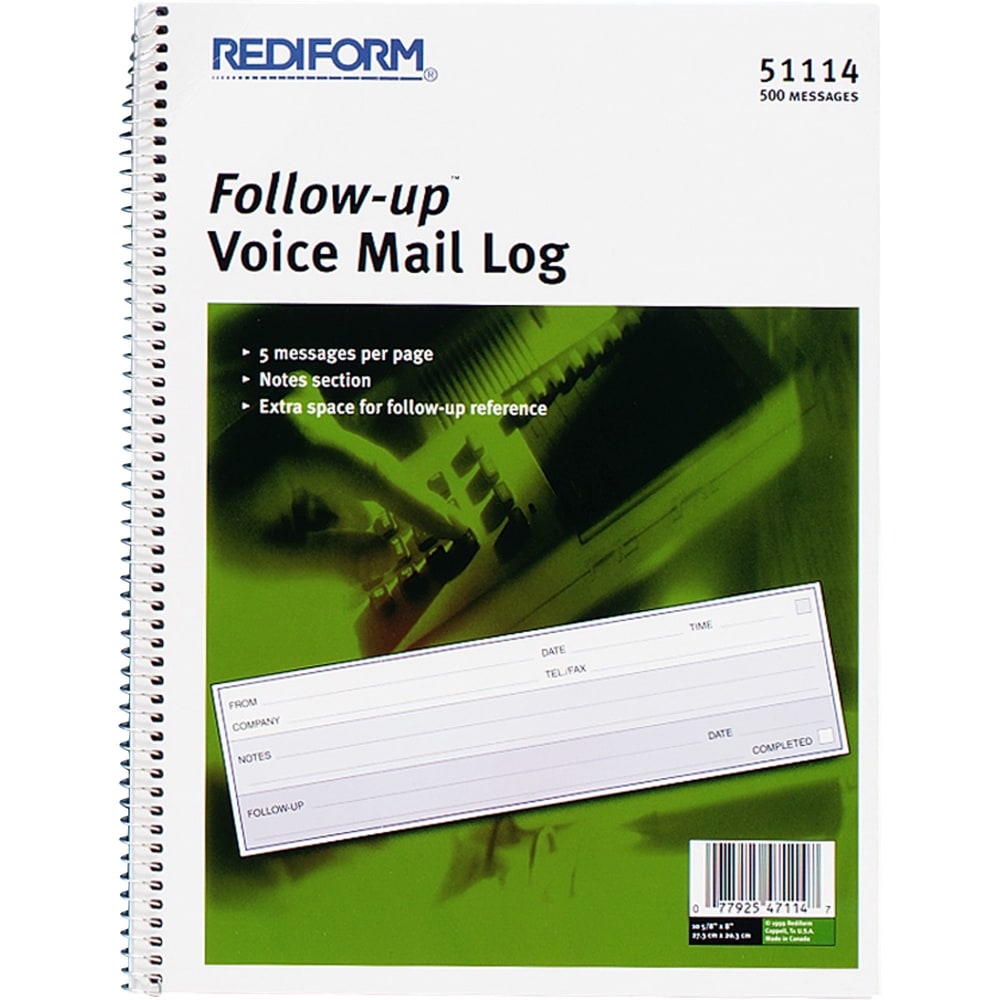 Rediform Follow-Up Voice Mail Log Book, 8in x 10 5/8in, 500 Sheets, 50% Recycled, Blue