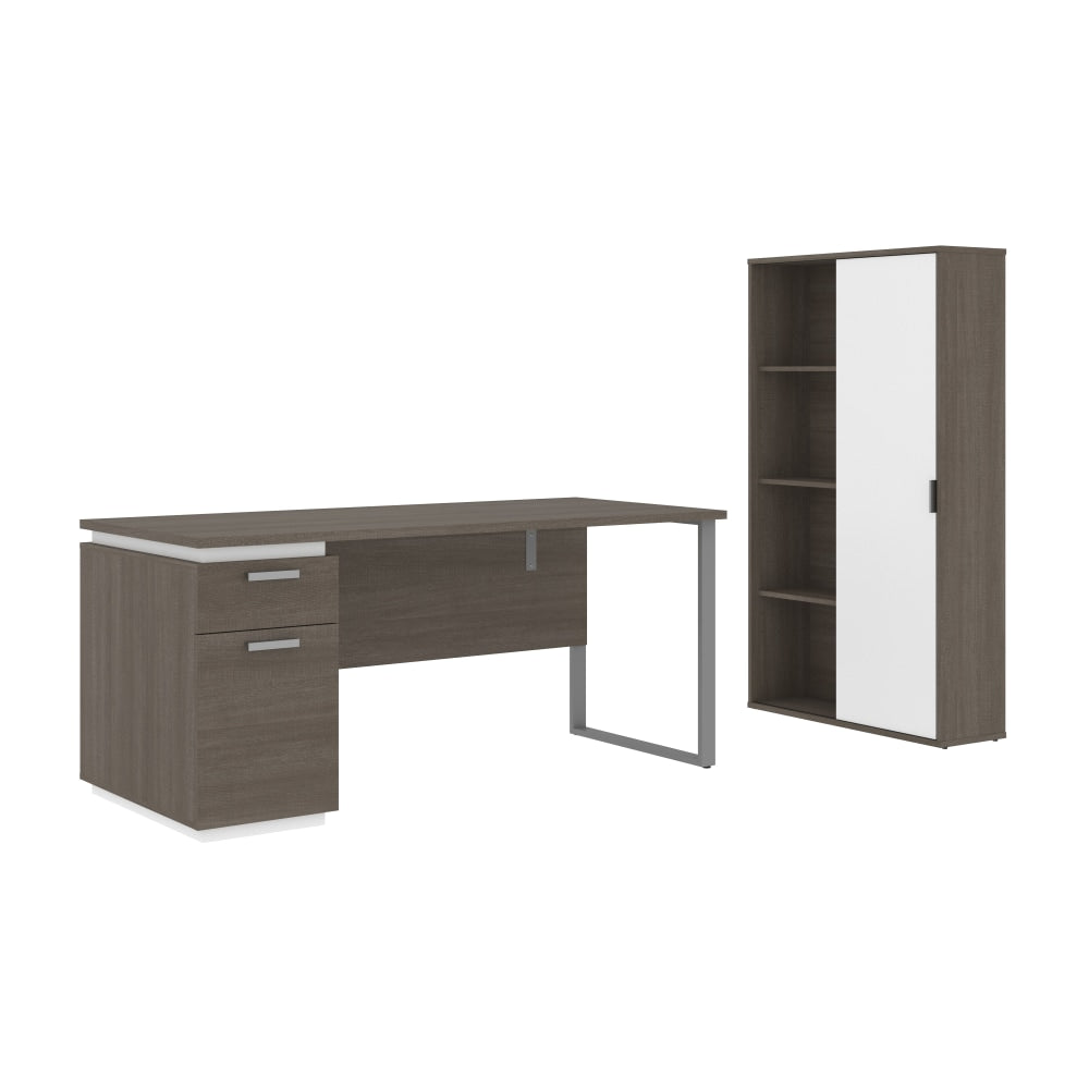 Bestar Aquarius 66inW Computer Desk With Single Pedestal And Storage Cabinet, Bark Gray/White