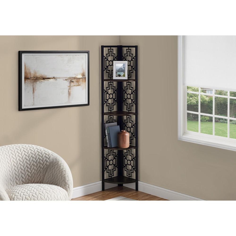 Monarch Specialties Ali 62inH 4-Shelf Corner Bookcase, Espresso/Black