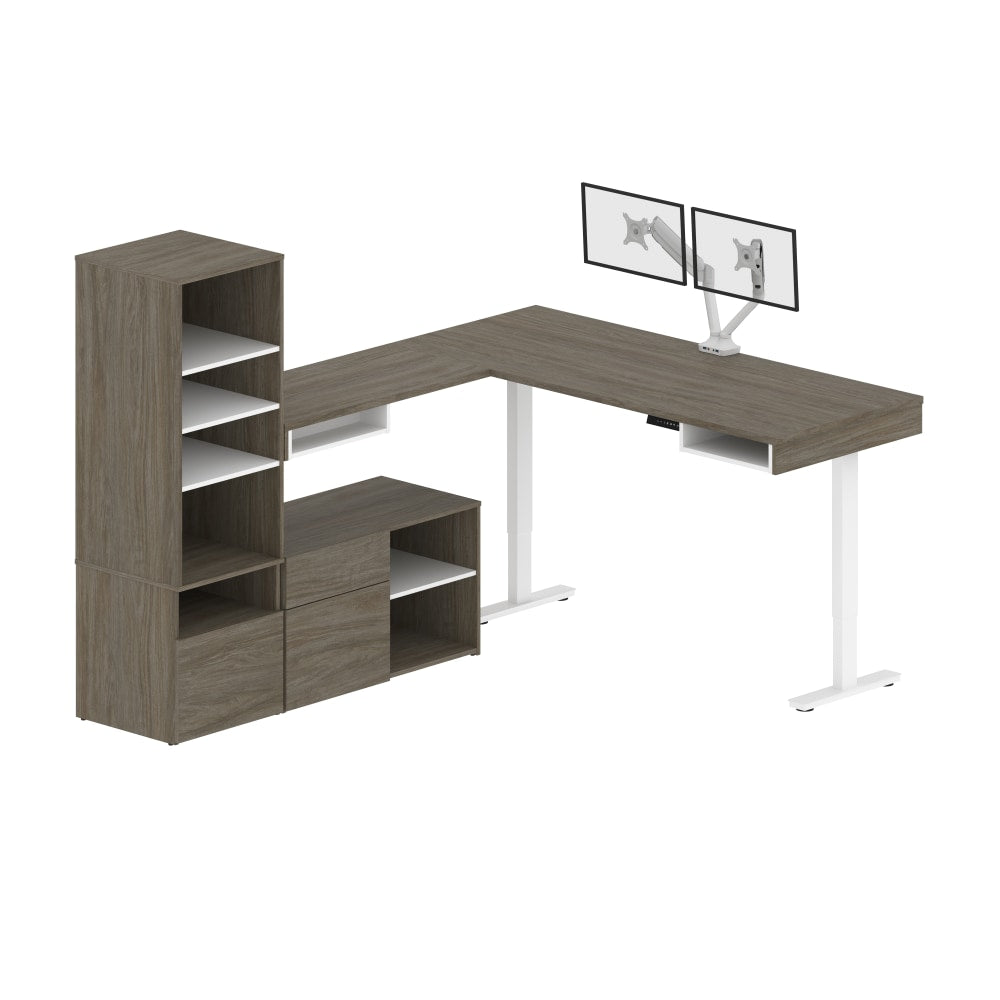 Bestar Viva 72inW L-Shaped Standing Corner Desk With Dual Monitor Arm And Storage, Walnut Gray/White