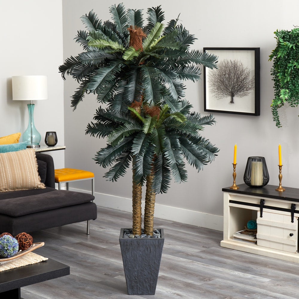 Nearly Natural Double Sago Palm 72inH Artificial Tree With Planter, 72inH x 34inW x 34inD, Green