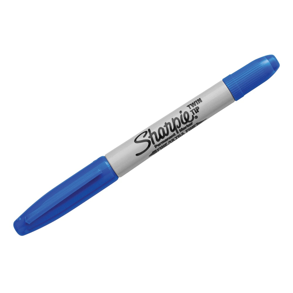 Sharpie Twin-Tip Permanent Markers, Fine/Ultra-Fine Points, Blue Ink, Pack Of 12 Markers