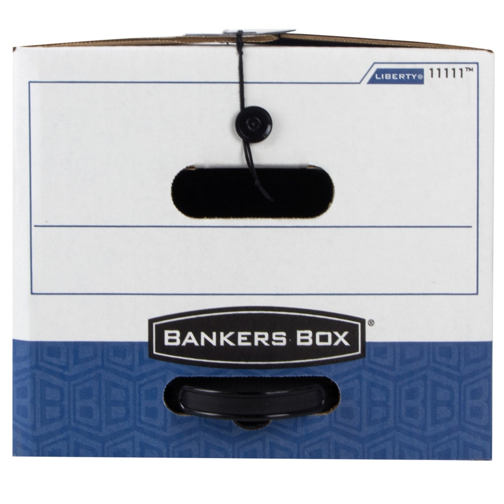 Bankers Box Liberty Plus Heavy-Duty Storage Boxes With String & Button Closures And Built-In Handles, Letter Size, 24in x 12in x 10in, 60% Recycled, White/Blue, Case Of 12