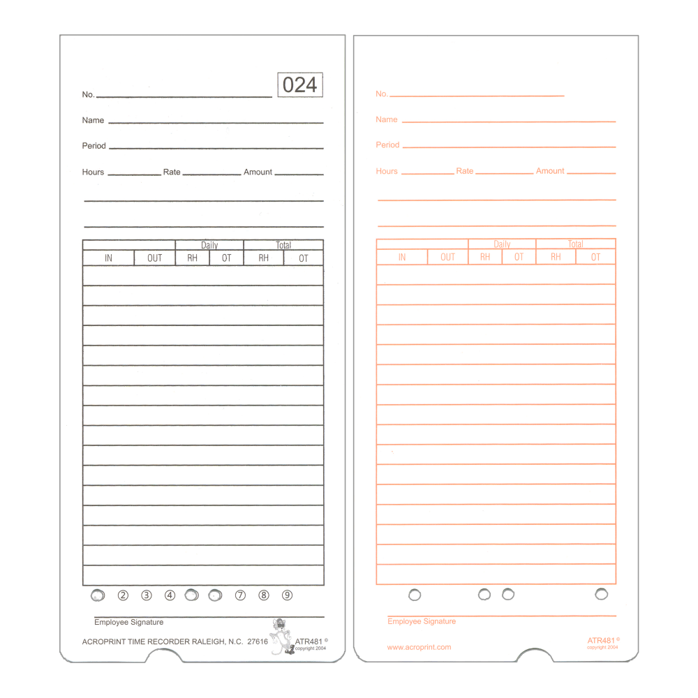 Acroprint ATR480 Weekly/Bi-Weekly/Monthly Time Cards, 2-Sided, 3-3/8in x 7-1/2in, Pack Of 50 Time Cards