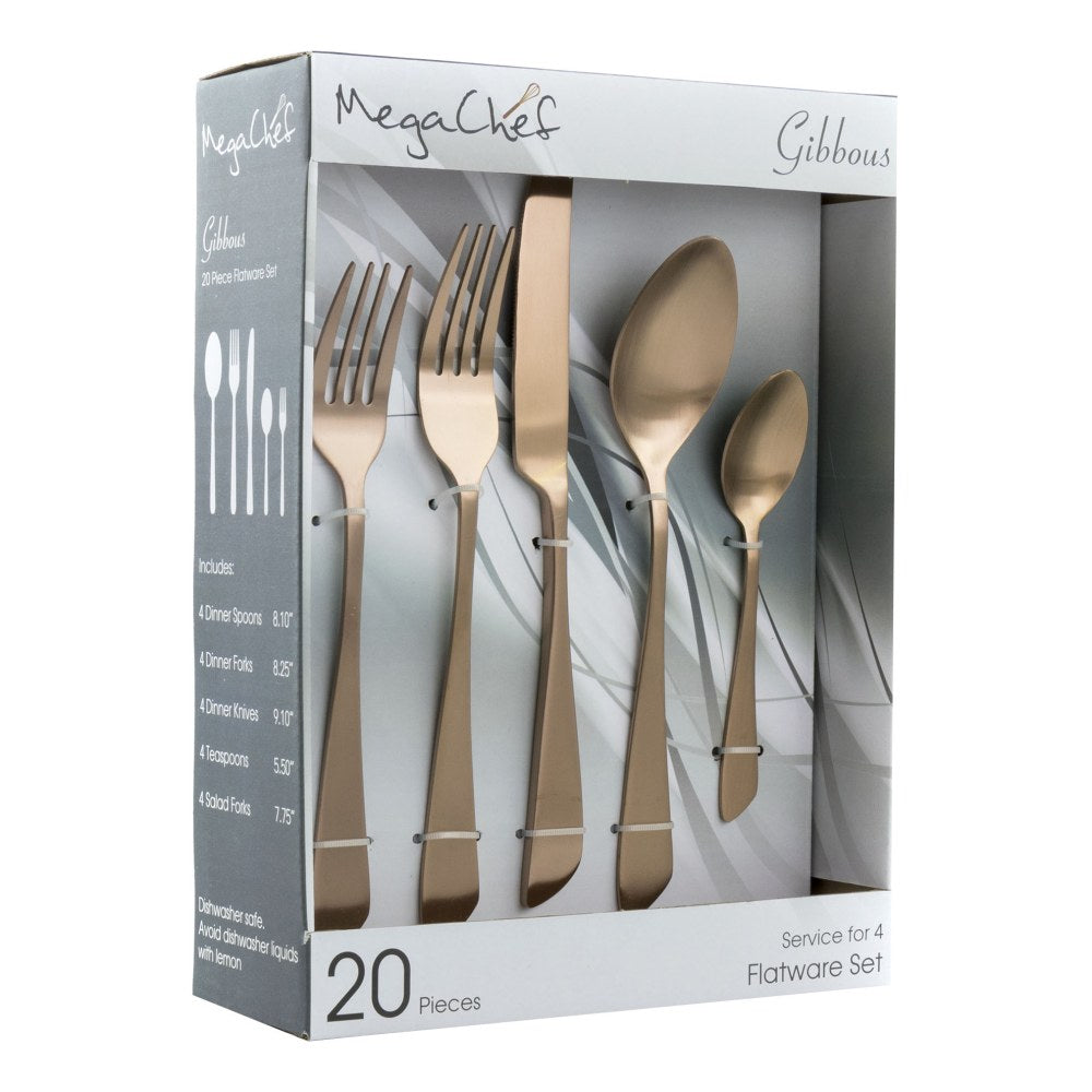 MegaChef Gibbous Stainless-Steel 20-Piece Flatware Utensil Set, Matte Rose Gold