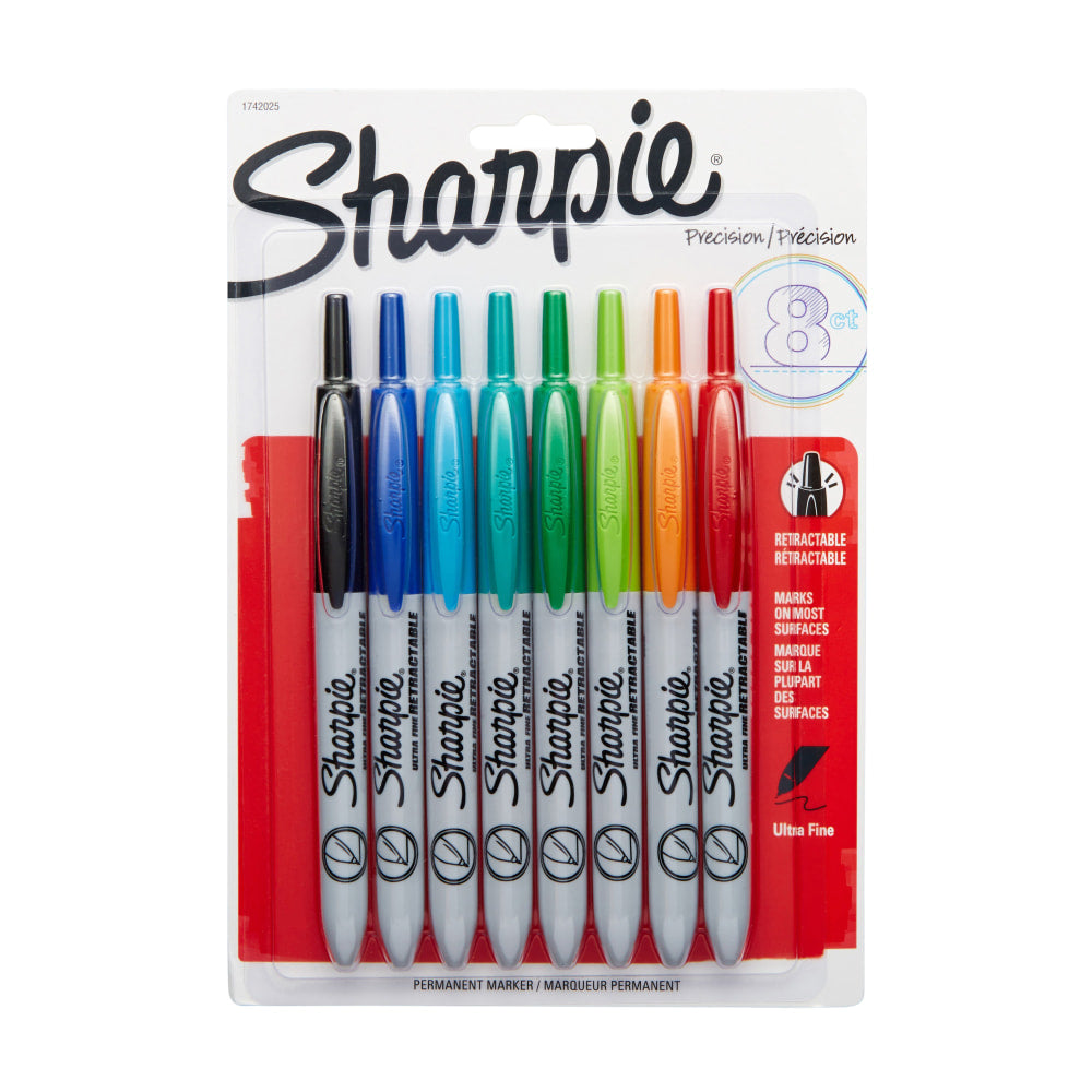 Sharpie Retractable Permanent Markers, Ultra-Fine Point, Assorted, Pack Of 8