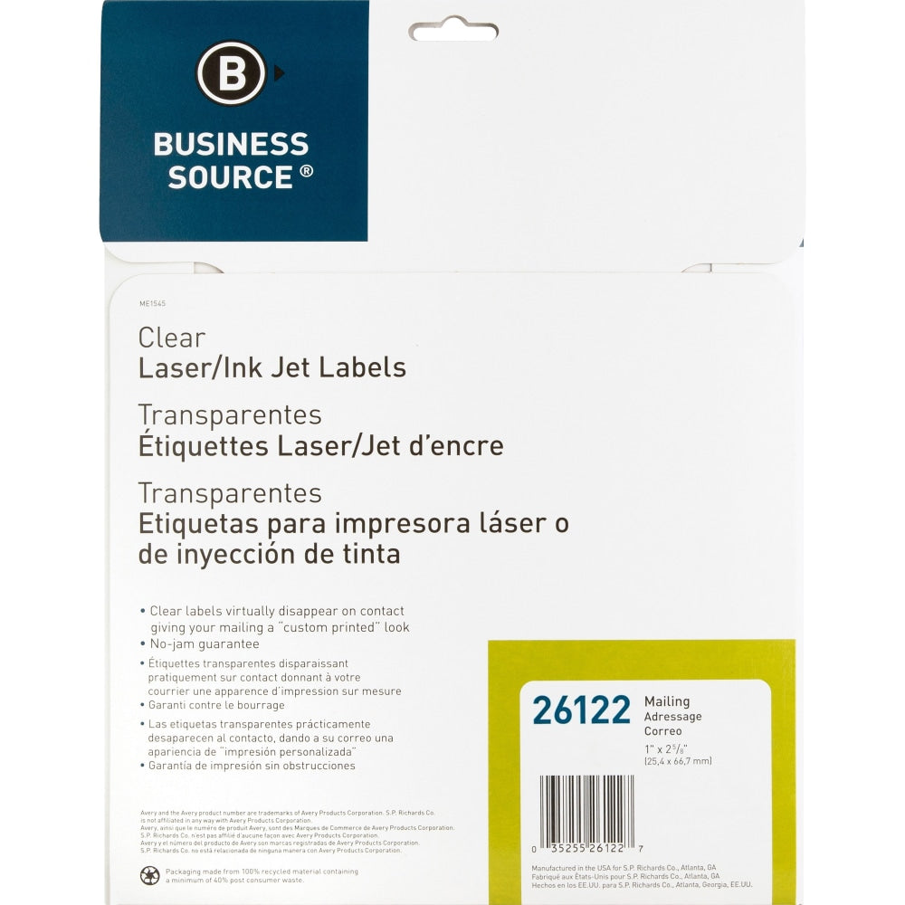 Business Source Mailing Address Labels - 1in Width x 2 3/4in Length - Permanent Adhesive - Rectangle - Laser - Clear - 30 / Sheet - 750 / Pack - Self-adhesive