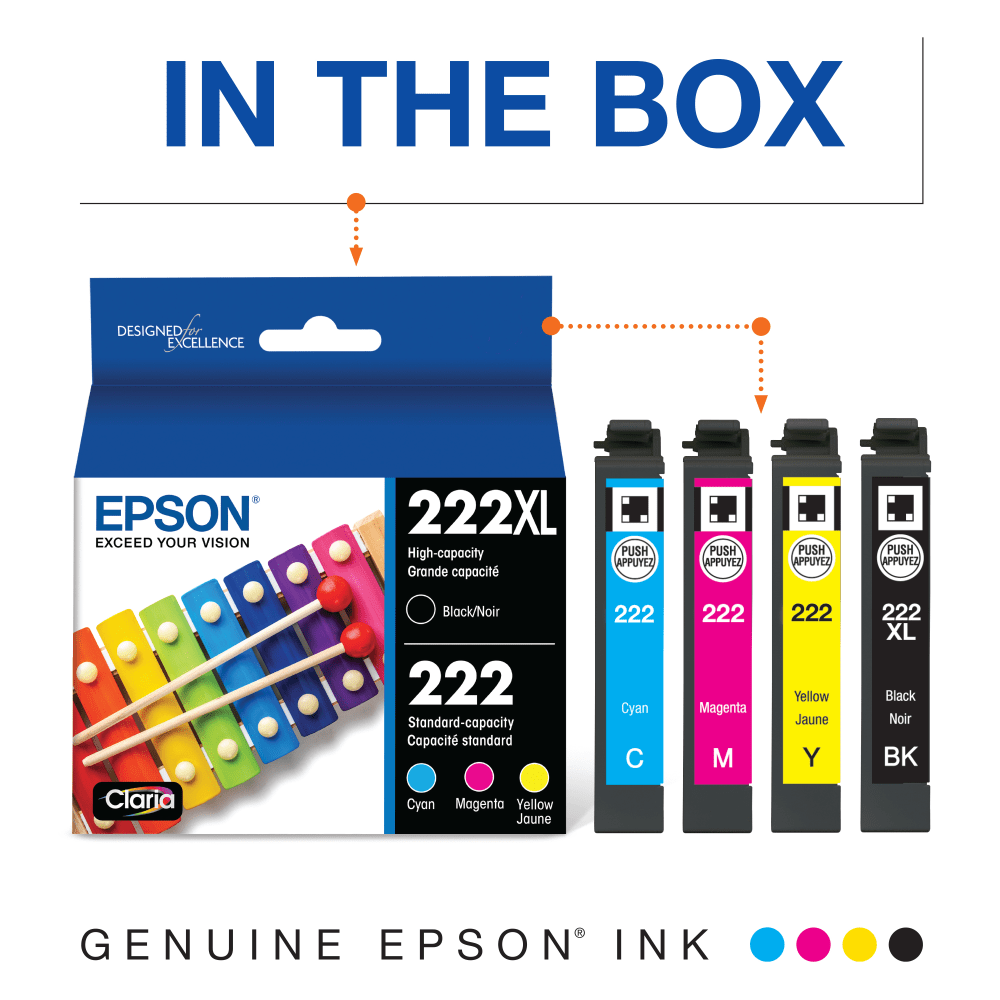 Epson 222XL Black/222 Claria Cyan; Magenta; Yellow High-Yield Ink Cartridges, Set Of 4 Cartridges, T222XL-BCS