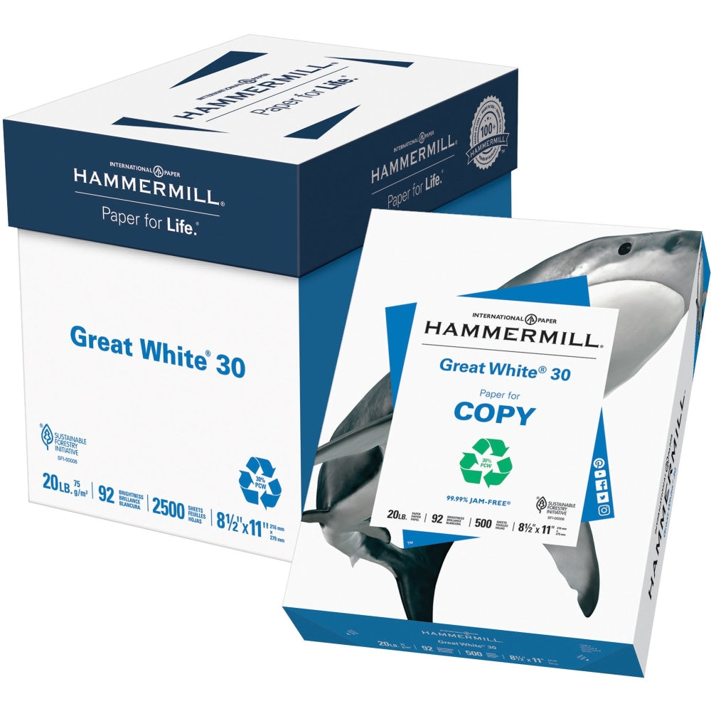 Hammermill Great White 30 Copy Paper, White, Letter (8.5in x 11in), 2500 Sheets Per Case, 20 Lb, 92 Brightness, Case Of 5 Reams