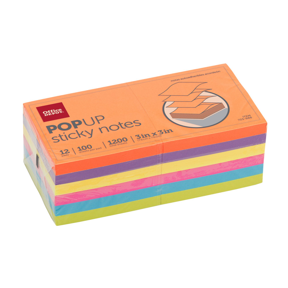 Office Depot Brand Pop Up Sticky Notes, 3in x 3in, Assorted Vivid Colors, 100 Sheets Per Pad, Pack Of 12 Pads