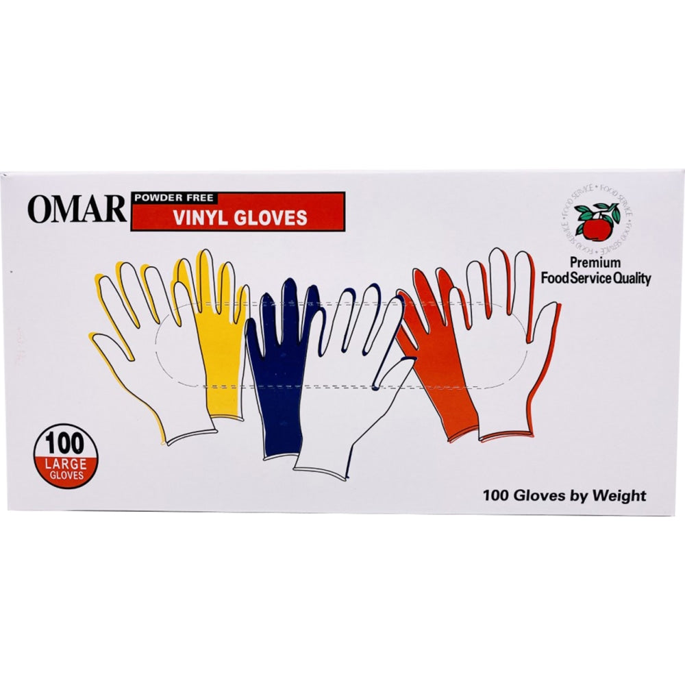 Omar Disposable Powder-Free Vinyl General-Purpose Gloves, Large, Clear, 100 Gloves Per Box