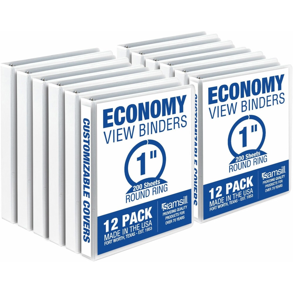 Samsill 3-Ring Economy Binders, 1in Round Rings, White, 100% Recycled, Set Of 12 Binders