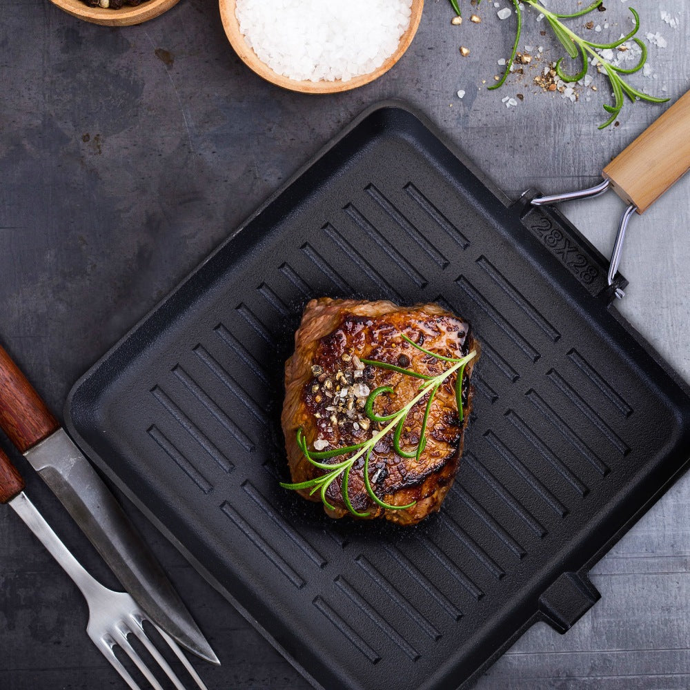 Gibson General Store Addlestone Preseasoned Cast-Iron Grill Pan With Foldable Wooden Handle, 14in, Black