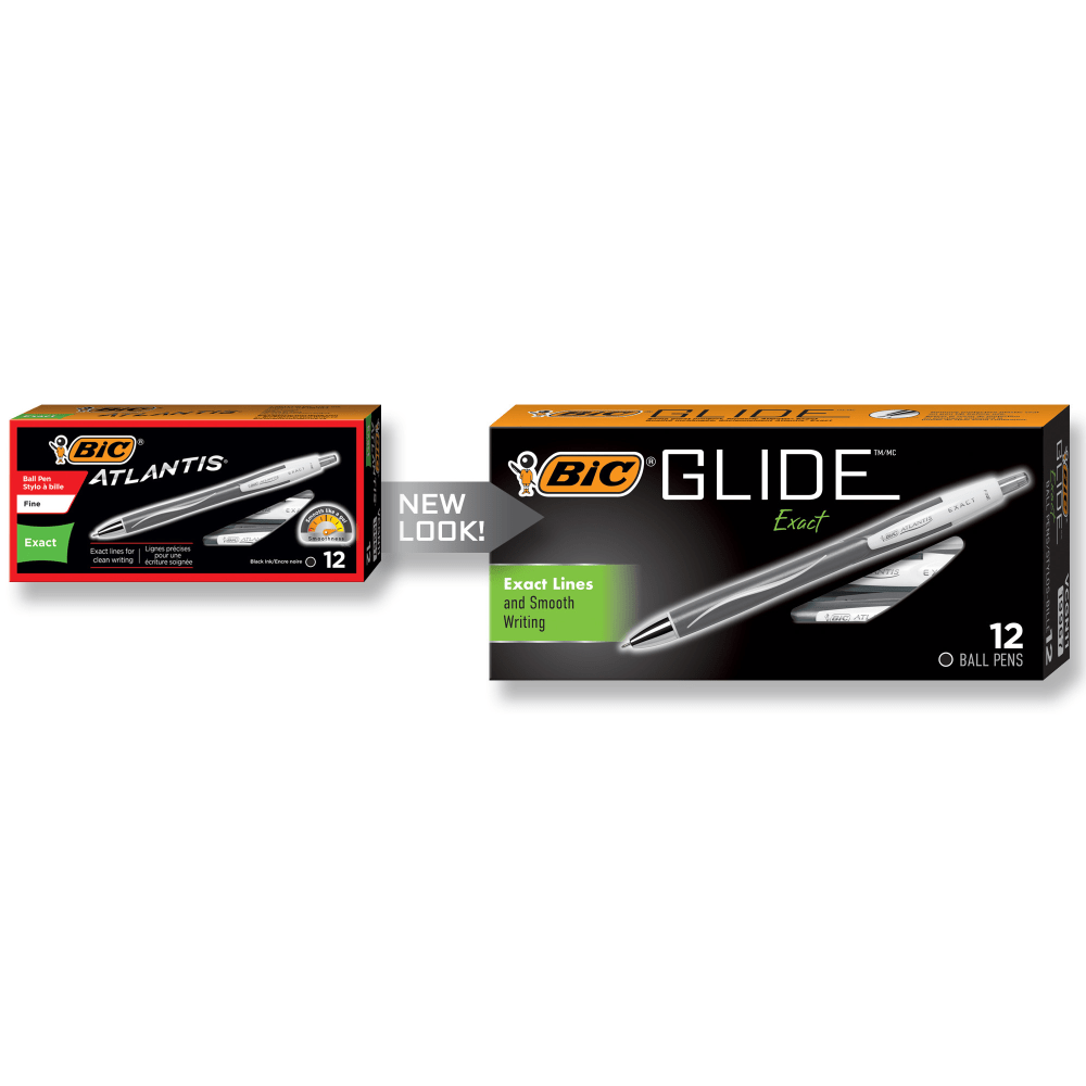 BIC Glide Exact Retractable Ballpoint Pens, Fine Point, 0.7 mm, Gray Barrel, Black Ink, Pack Of 12 Pens