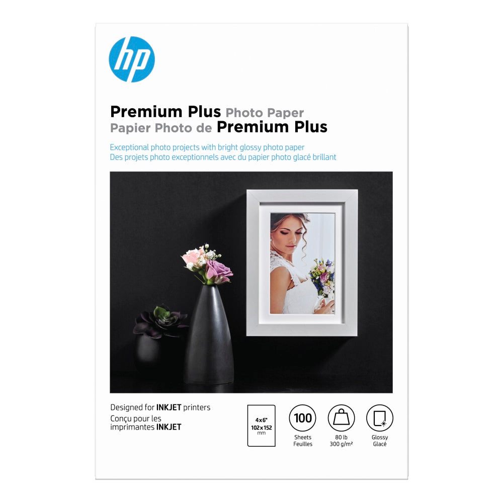 HP Premium Plus Photo Paper for Inkjet Printers, Glossy, 4in x 6in, 80 Lb., Pack Of 100 Sheets (CR668A)