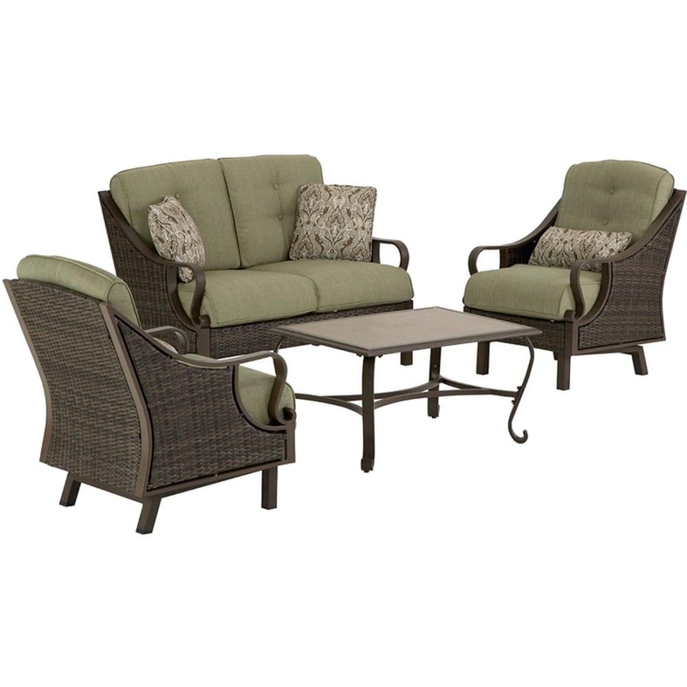 Hanover Ventura 4-Piece Seating Set in Vintage Meadow - VENTURA4PC - 49in x 31in x 35.5in Loveseat, 32in x 26.5in x 34in Chair, 35.5in x 25in x 18.5in Coffee Table - Material: Woven, Olefin, Steel Frame, Aluminum Frame, Plush Cushion, Tile Upholstery