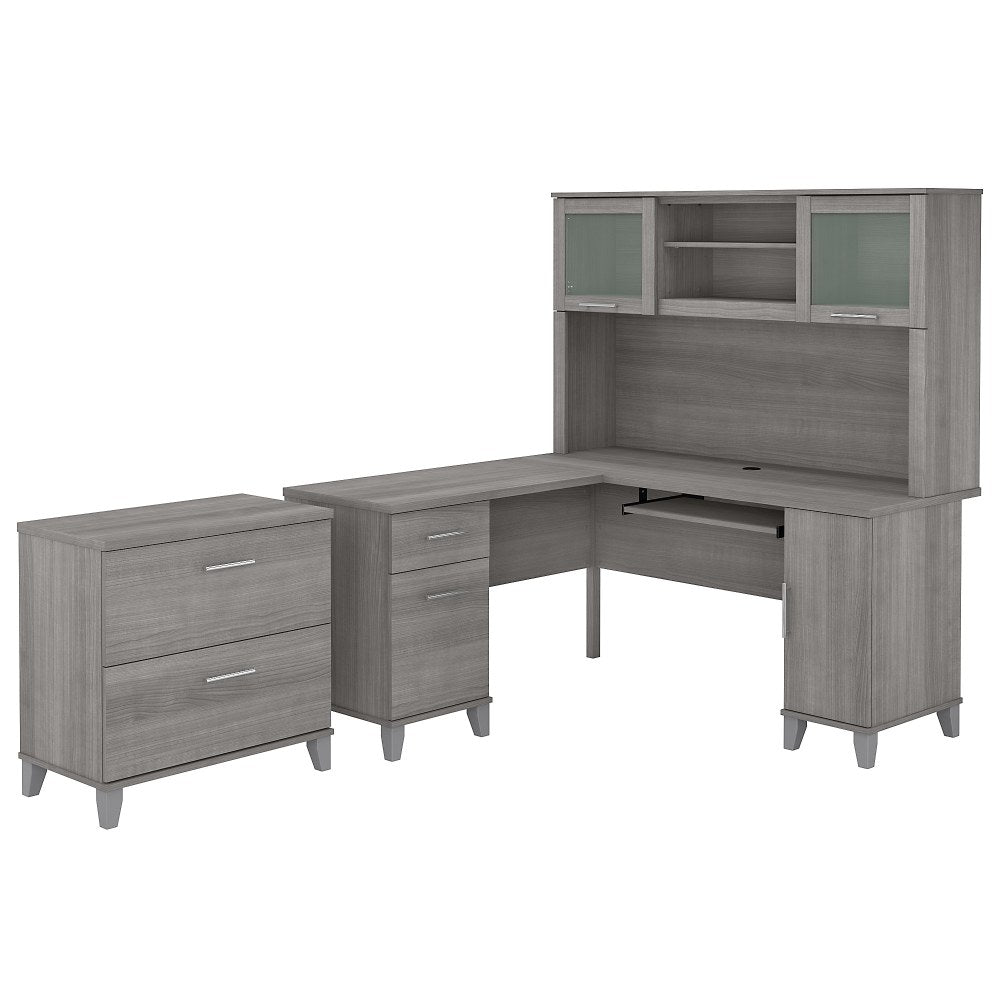 Bush Business Furniture Somerset 60inW L-Shaped Corner Desk With Hutch And Lateral File Cabinet, Platinum Gray, Standard Delivery